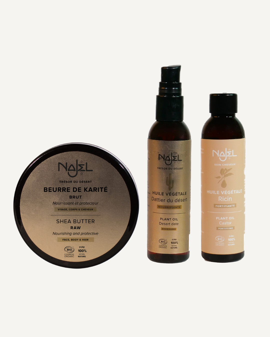 Beurre de karité pur, huile végétale de dattier du désert, huile végétale de ricin Najel