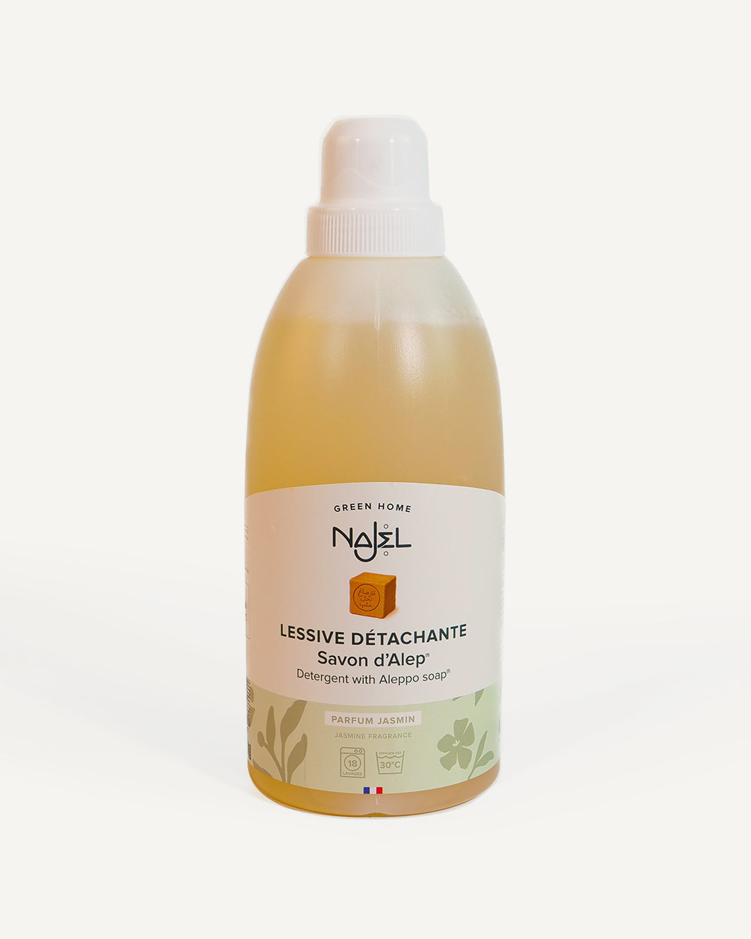 Liquid laundry detergent with Aleppo soap and jasmine scent