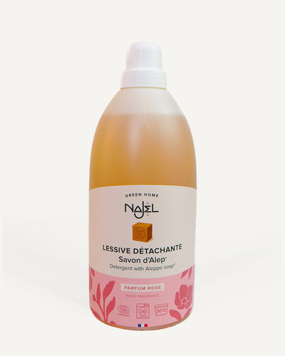 Stain-removing laundry detergent with Aleppo soap* and rose fragrance