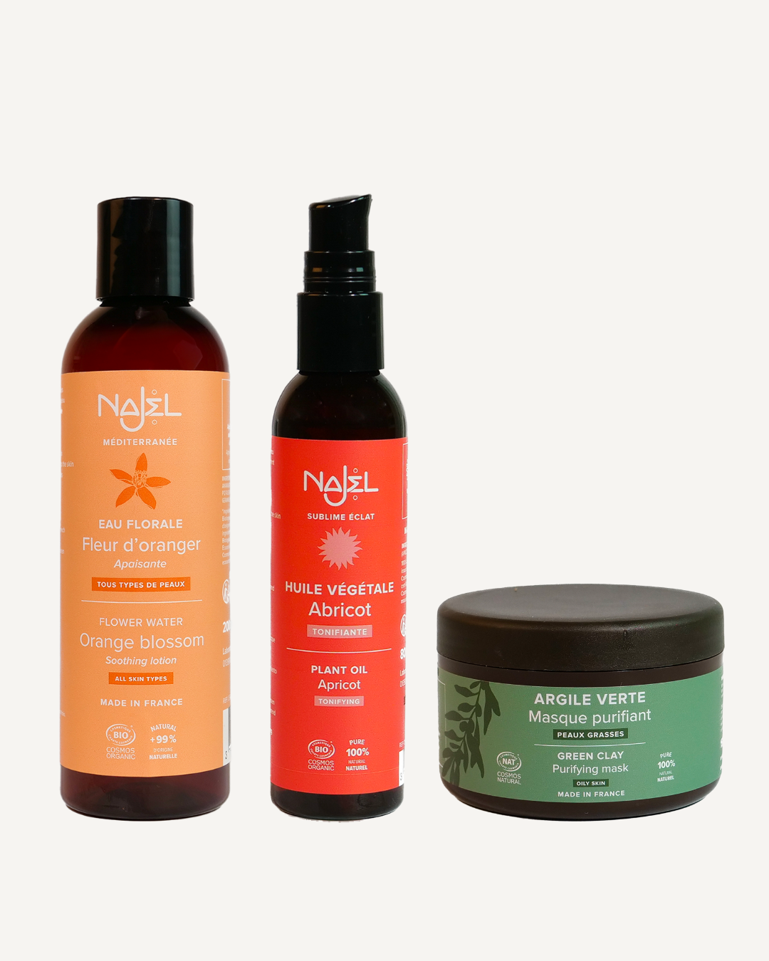 Eau florale de fleur d'oranger, huile végétale d'abricot et argile verte en poudre Najel